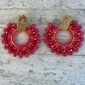 Handmade Colombian red Beaded Statement Earrings - Light Weight!